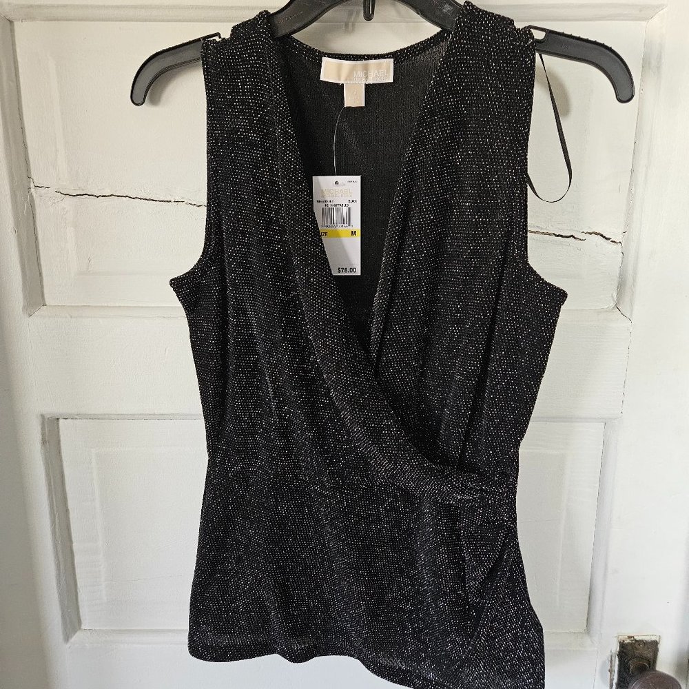Elegant, Chic Michael Kors Black Sleeveless V-Neck Silver Textured Top